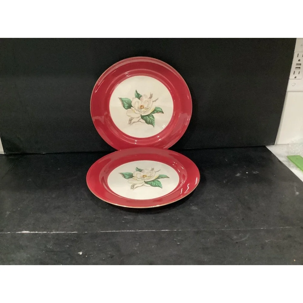 Vintage Homer Laughlin Lifetime China Burgundy 2 Magnolia Dinner Plates 10 1/4
